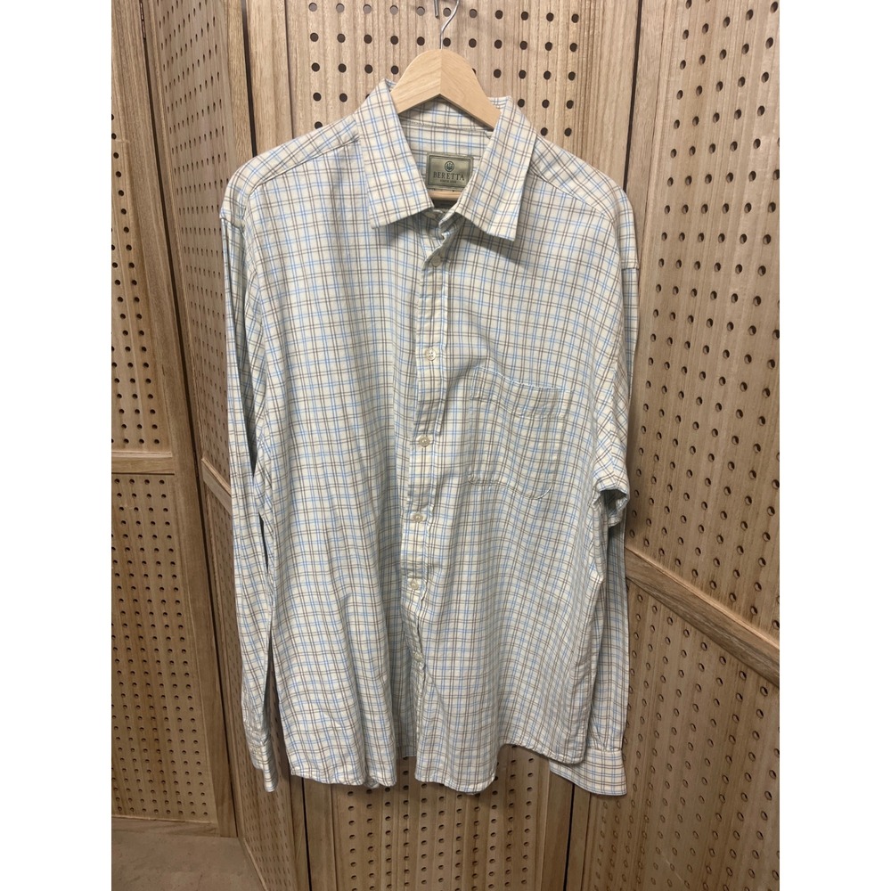 Beretta Mens XXL Long Sleeve Button Down Shirt Blue Brown Plaid Cotton Italy